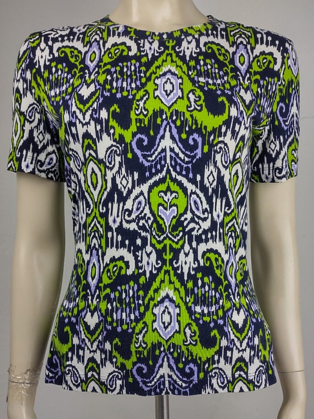 St. John blue green white Ikat short sleeve t-shirt blouse top ladies Small